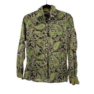 Liz Logie Button Up Shirt Women size 8 Green Paisley Long Sleeve Gold Trim Cuffs